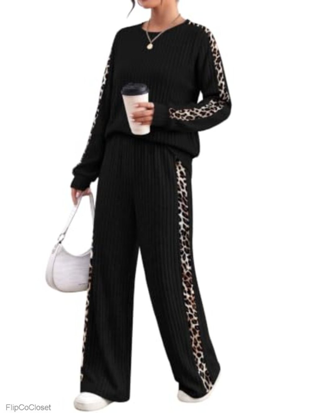 2 Piece Lounge Set Women Matching Wide Leg Pants High Stretch Ribbed Knit